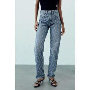 Zara TRF Mid Rise Rhinestone Jeans Beaded Denim Straight Leg Blue XS-2 269026